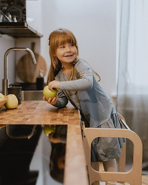 Torre Montessoriana Convertibile Step'n'Sit, Legno Naturale con Cinghie Argento